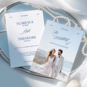 Modern Minimalist Blue & White Photo Wedding Invitation