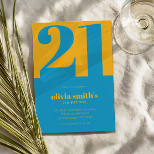 Modern Minimalist Blue Yellow 21st Birthday Invitation