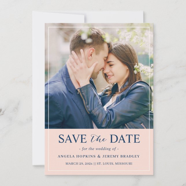 Modern Minimalist Blush and Navy Elegant Photo Save The Date (Front)