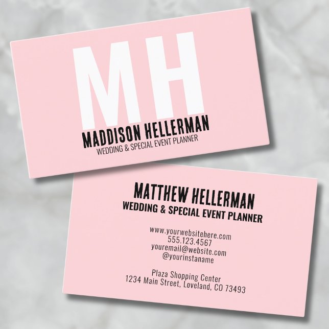 Modern Minimalist Blush Pink Monogram Business Card (Simple Stylish Girly Pink Black Modern Monogram Business Card)