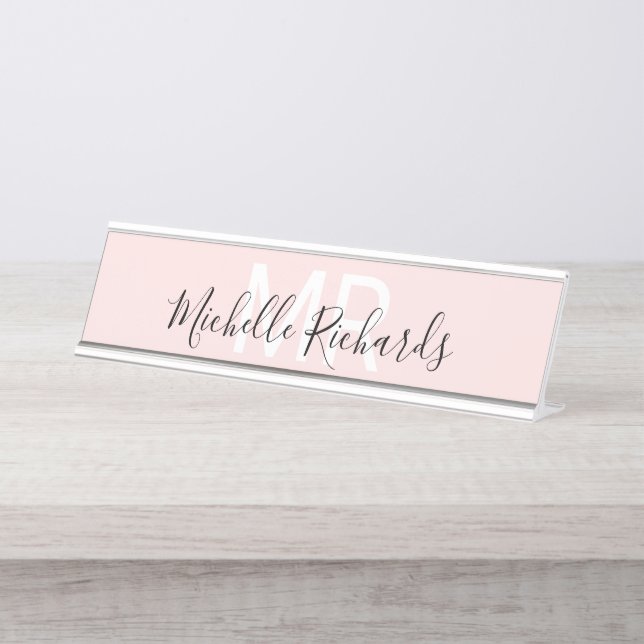 Modern minimalist blush pink name monogram desk name plate (Front)