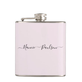 Modern Minimalist Blush Pink Script Custom Name Hip Flask
