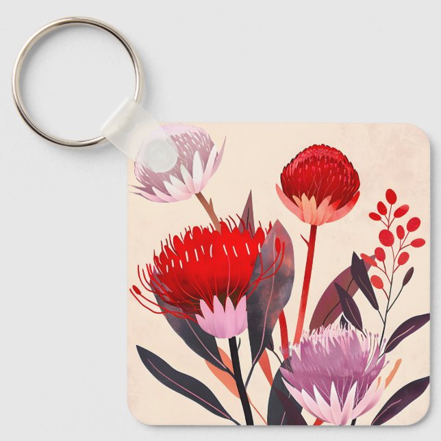 Modern Minimalist Boho Floral Botanical Key Ring (Front)