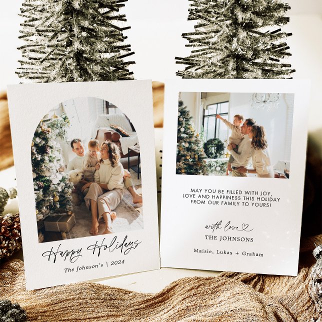 Modern Minimalist Boho Happy Holidays Arched Photo Invitation (Creator Uploaded)