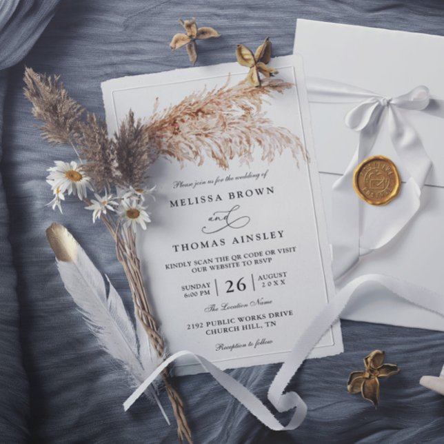 Modern Minimalist Boho Pampas QR Code Wedding Invitation (Creator Uploaded)