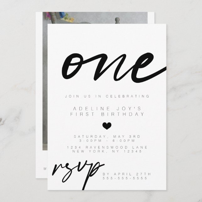 Modern Minimalist Boho Photo First Birthday Invitation (Front/Back)