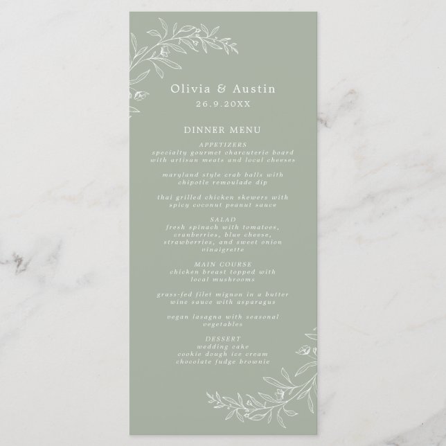Modern Minimalist Boho Sage Green Wedding Menu (Front)