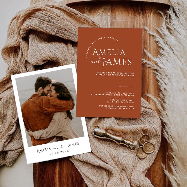 Modern Minimalist Boho Terracotta photo Wedding Invitation (Creator Uploaded)