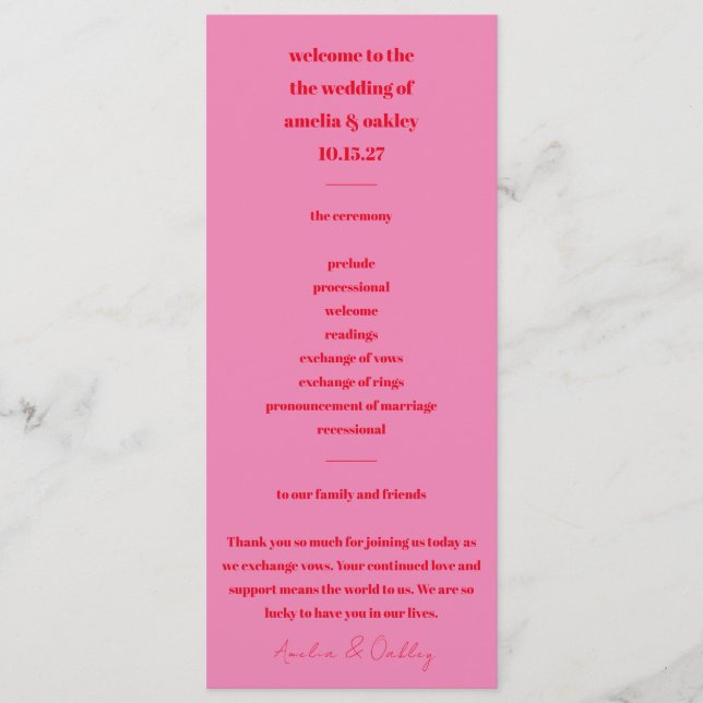 Modern Minimalist Bold Bright Pink Red Tall  Programme (Front)