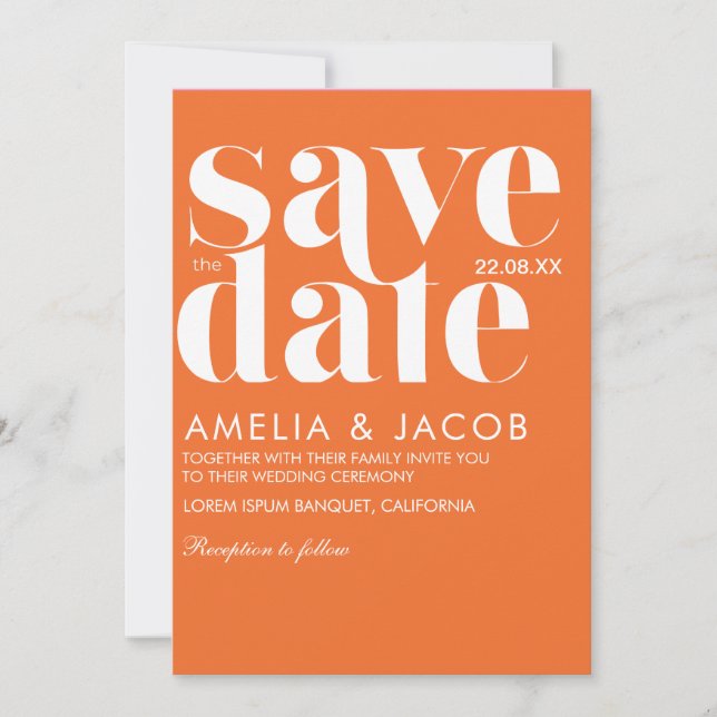 Modern minimalist Bold fun Bright Orange Wedding Save The Date (Front)