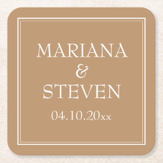 Modern Minimalist Border Tan Beige Square Paper Coaster