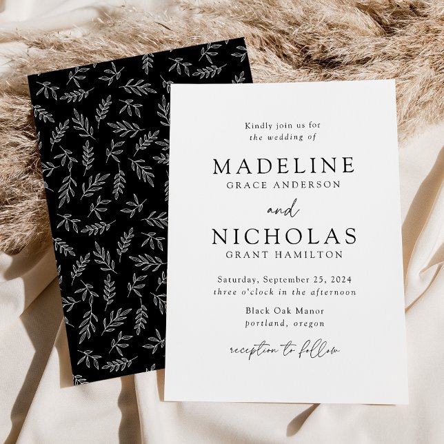 Modern Minimalist Botanical Black Wedding Invitation (Creator Uploaded)