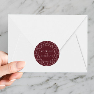 Modern Minimalist Botanical Burgundy Wedding Classic Round Sticker