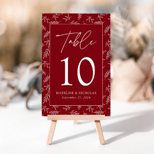 Modern Minimalist Botanical Burgundy Wedding Table Number