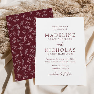 Modern Minimalist Botanical Merlot Wedding Invitation