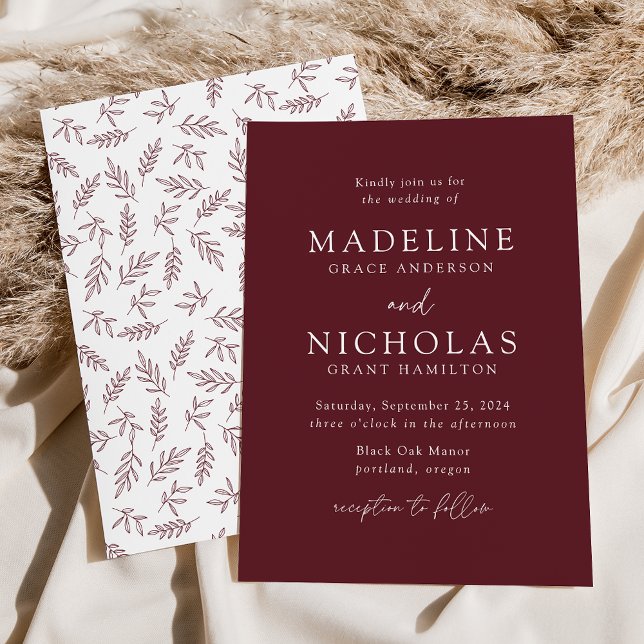 Modern Minimalist Botanical Merlot Wedding Invitation (Creator Uploaded)