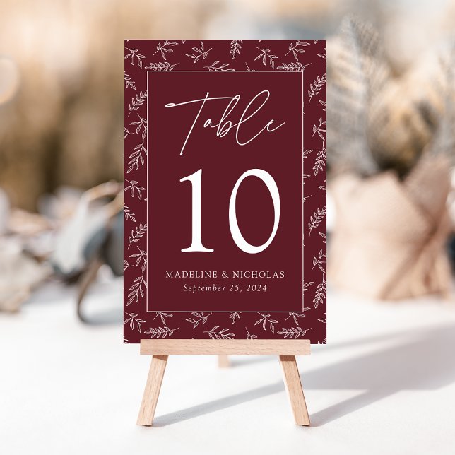 Modern Minimalist Botanical Merlot Wedding Table Number (Creator Uploaded)