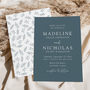 Modern Minimalist Botanical Smoky Blue Wedding Invitation