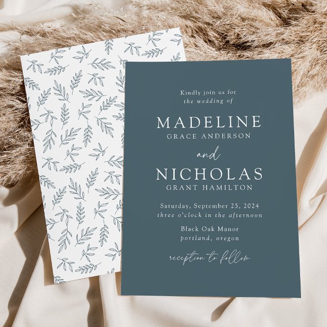 Modern Minimalist Botanical Smoky Blue Wedding Invitation (Creator Uploaded)