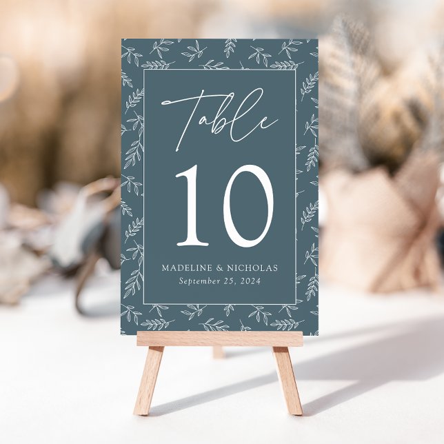 Modern Minimalist Botanical Smoky Blue Wedding Table Number (Creator Uploaded)