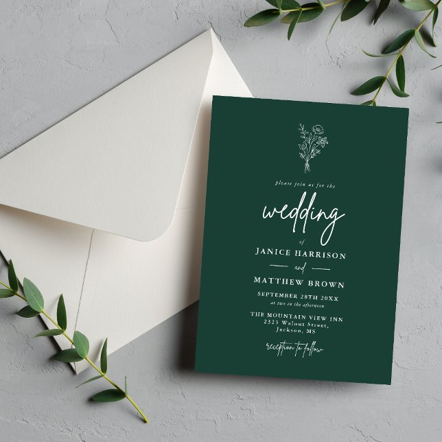 Modern Minimalist Botanicals Emerald Wedding Invitation (Emerald botanical invitation brings fresh elegance and a personalized touch to your wedding day)