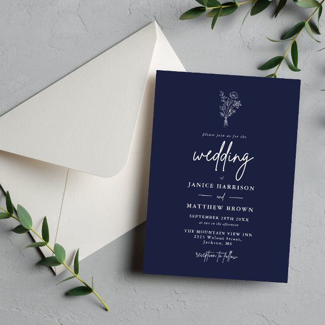 Modern Minimalist Botanicals Navy Blue Wedding Invitation (Minimalist navy blue botanical invitation adds a classic, refined touch to your wedding announcement)