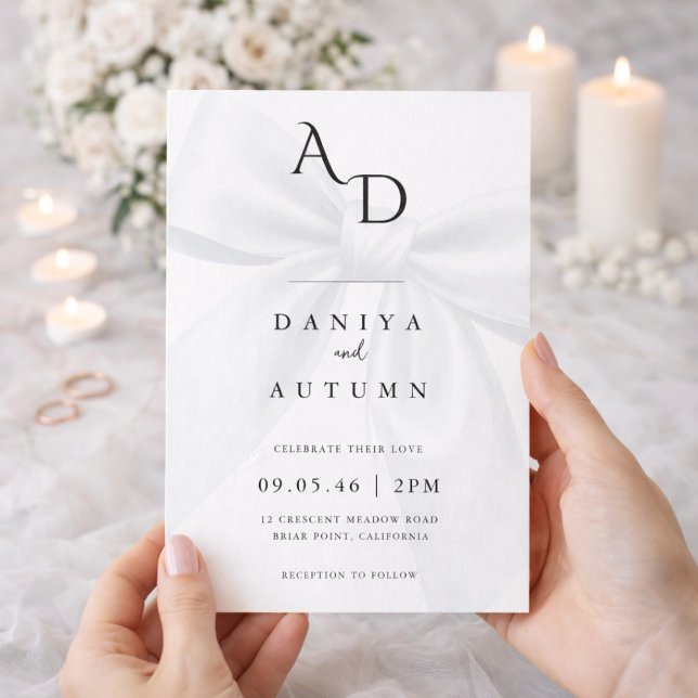 Modern Minimalist Bow Black & White Wedding Invitation (Creator Uploaded)