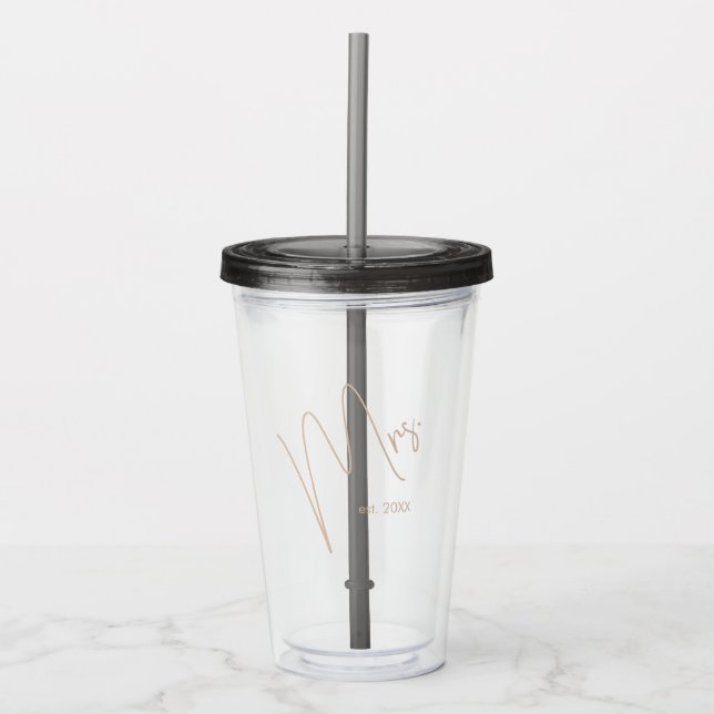 Modern Minimalist Bride | Black + Beige Script Acrylic Tumbler (Front)