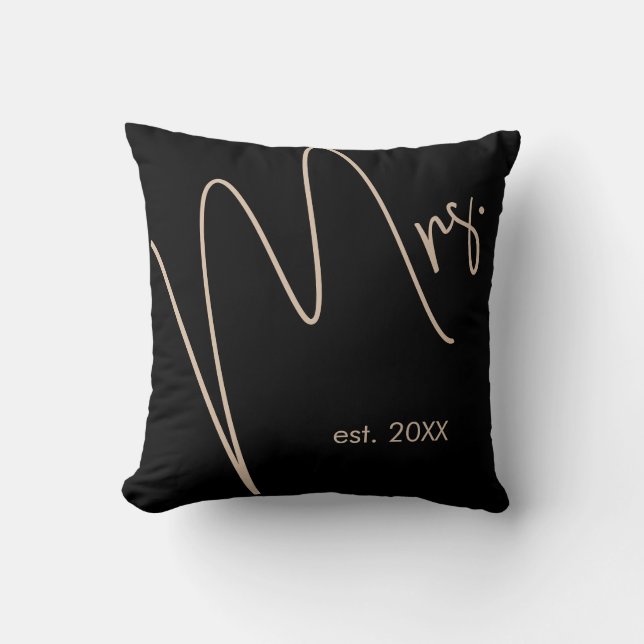 Modern Minimalist Bride | Black + Beige Script Cushion (Front)