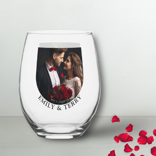 Modern Minimalist Bride & Groom Wedding Photo Stemless Wine Glass