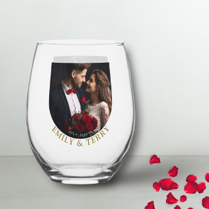 Modern Minimalist Bride & Groom Wedding Photo Stemless Wine Glass