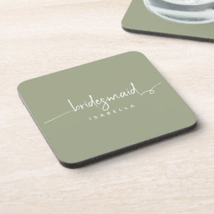 Modern Minimalist Bridesmaid Script Sage Green Coaster