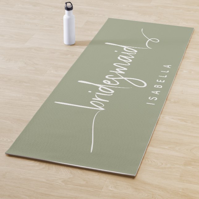 Modern Minimalist Bridesmaid Script Sage Green Yoga Mat (In Situ)