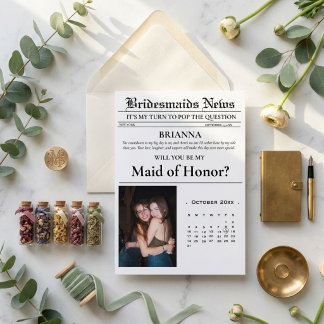 Modern Minimalist Bridesmais proposal newspaper Invitation