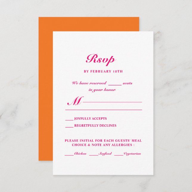 Modern Minimalist Bright Pink Orange Wedding RSVP Card (Front/Back)