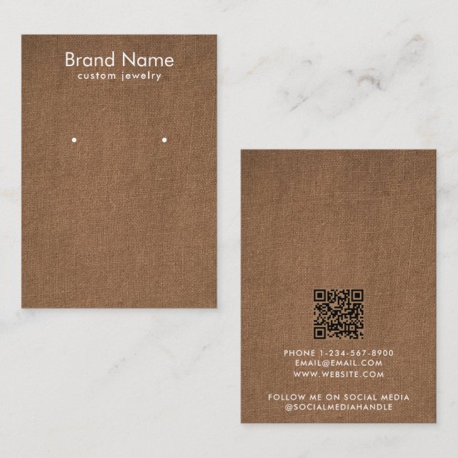 Modern Minimalist Brown Linen Jewelry Display Card (Front/Back)