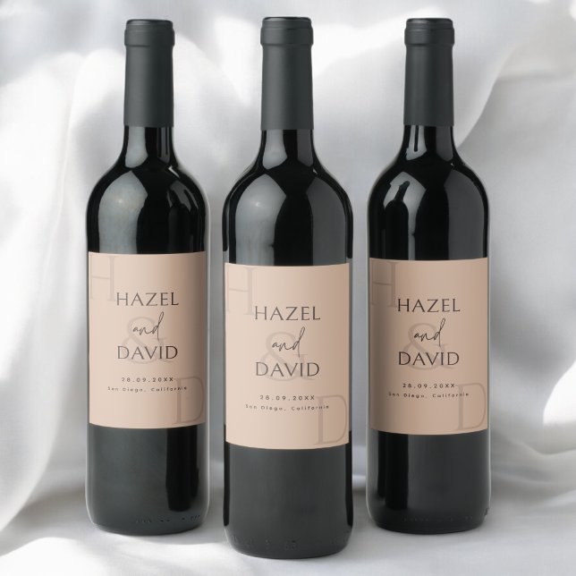 Modern Minimalist Brown Monogram Wedding Wine Label (Modern minimalist brown monogram wine label adds a warm, personalized touch to wedding tables.)