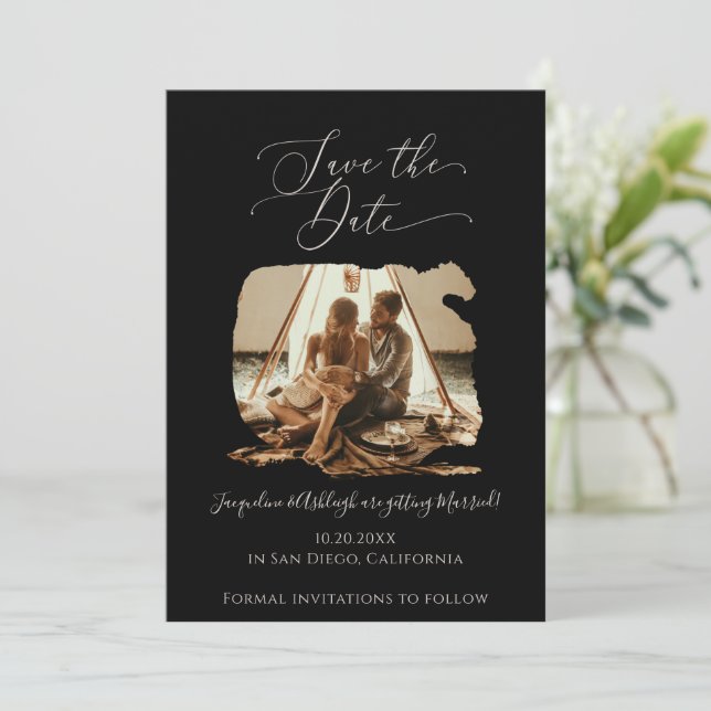 Modern Minimalist Brush Stroke Black Photo Script Save The Date (Standing Front)