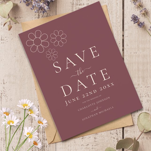 Modern Minimalist Burgundy Daisy Wedding Invitation Postcard (Minimalist daisy wedding save the date burgundy invitation)