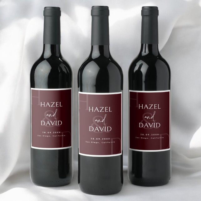Modern Minimalist Burgundy Monogram Wedding Wine Label (Creator Uploaded)