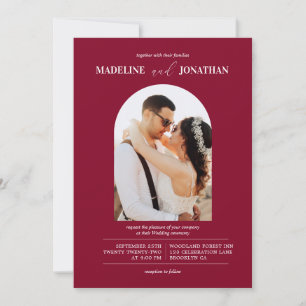 Modern Minimalist Burgundy Red Photo Arch Wedding Invitation