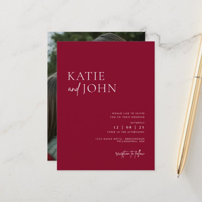 Modern Minimalist Burgundy Red Wedding Photo  Announcement Postcard (Front/Back In Situ)