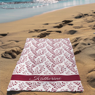 Modern Minimalist Burgundy Red White Floral Script Beach Towel