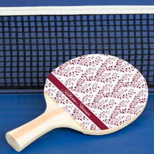 Modern Minimalist Burgundy Red White Floral Script Ping Pong Paddle