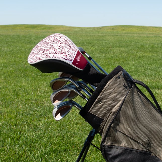 Modern Minimalist Burgundy Red White Floral Sports Golf Head Cover (In Situ)