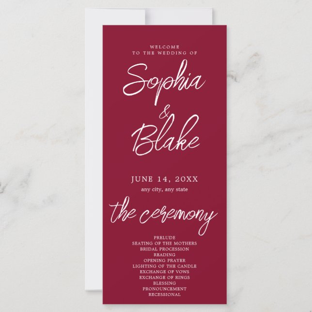 Modern Minimalist Burgundy Wedding Program (Front)