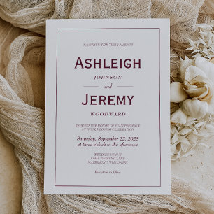 Modern Minimalist Burgundy White Wedding Invitation