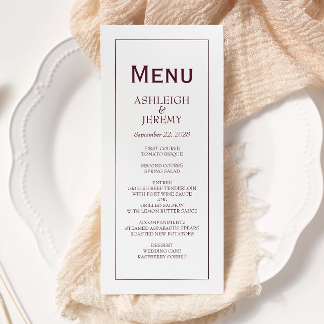 Modern Minimalist Burgundy White Wedding Menu (Creator Uploaded)