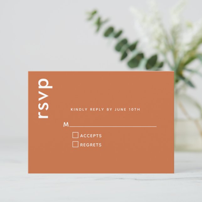 Modern Minimalist Burnt Orange Terracotta Wedding  RSVP Card (Standing Front)