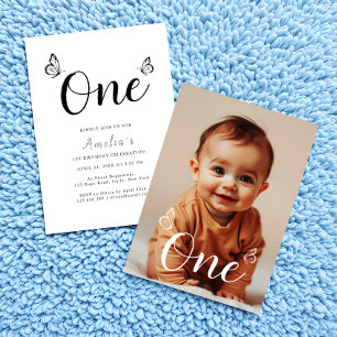 Modern Minimalist butterflies 1st Birthday Photo Invitation